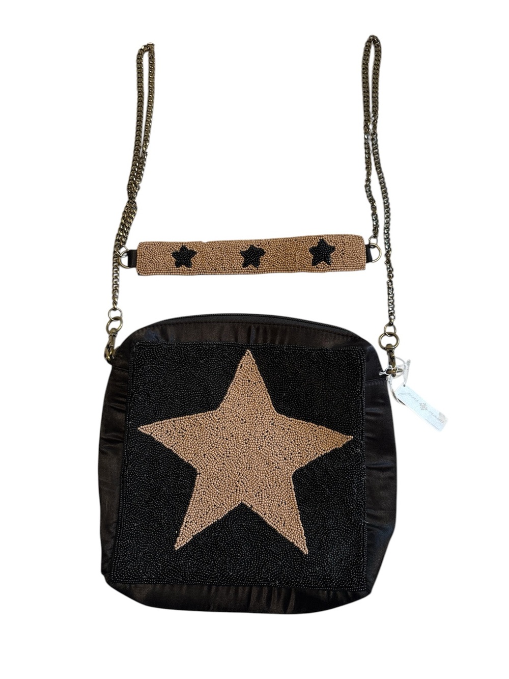 Jane Marie Beaded Black Crossbody Bag Gold Star Accent Zip Top Satin Back